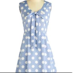 TULLE blue and white polka dot tie neck dress